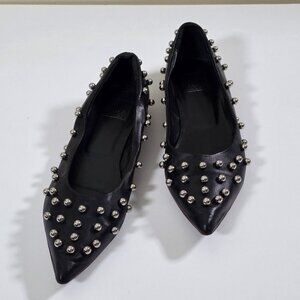 MA&LO Leather Studded Beaded Ballet 38 US 8 Black Flats Pointed Toe Embellished